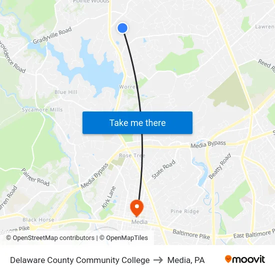 Delaware County Community College to Media, PA map