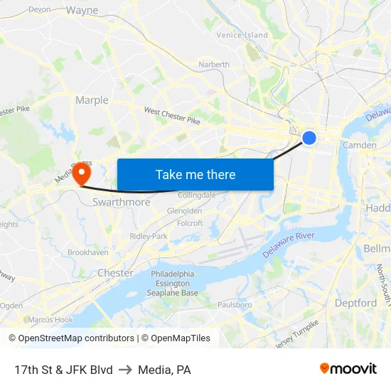 17th St & JFK Blvd to Media, PA map