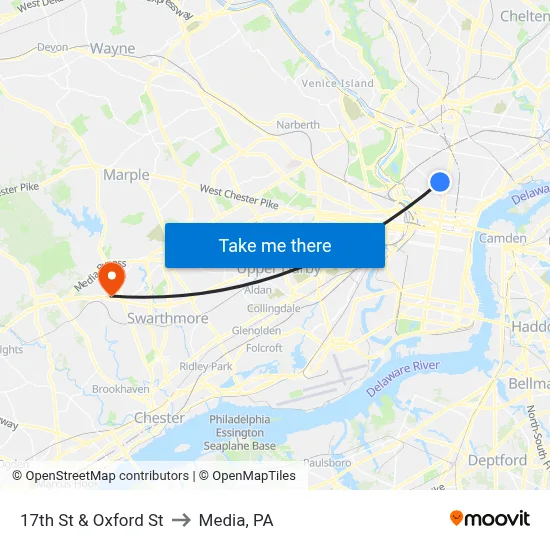 17th St & Oxford St to Media, PA map