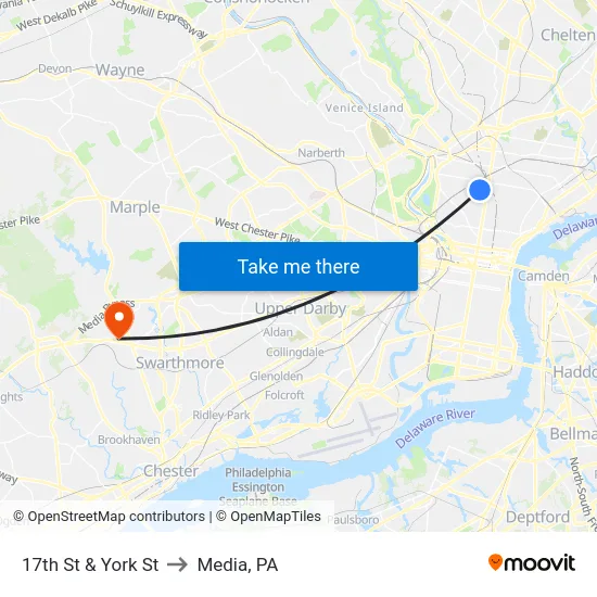 17th St & York St to Media, PA map