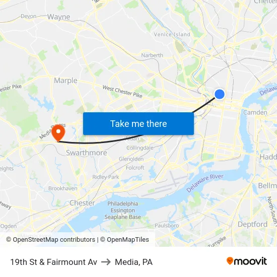 19th St & Fairmount Av to Media, PA map