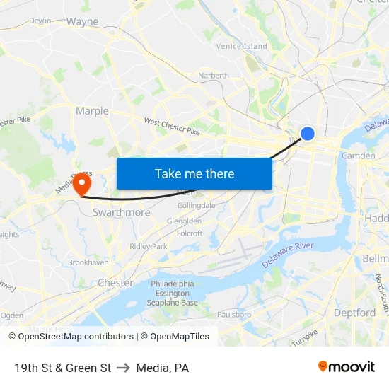 19th St & Green St to Media, PA map