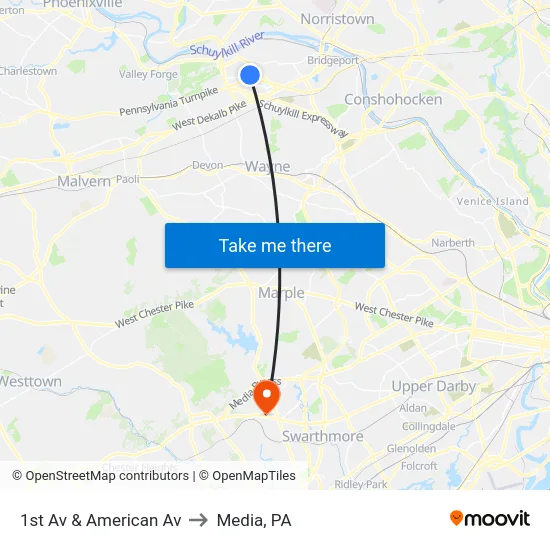 1st Av & American Av to Media, PA map