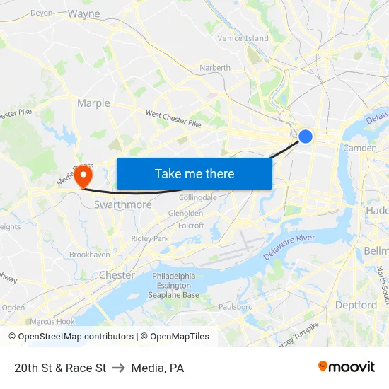 20th St & Race St to Media, PA map