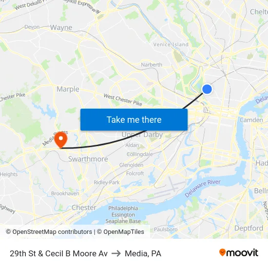 29th St & Cecil B Moore Av to Media, PA map