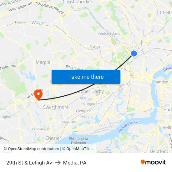 29th St & Lehigh Av to Media, PA map