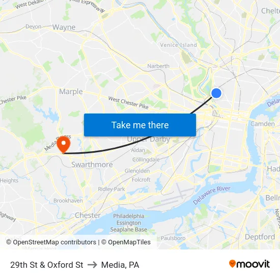 29th St & Oxford St to Media, PA map