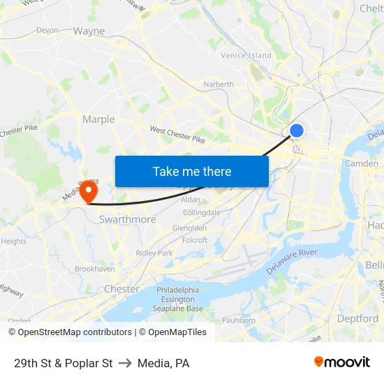 29th St & Poplar St to Media, PA map