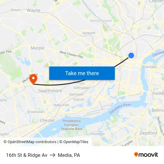 16th St & Ridge Av to Media, PA map
