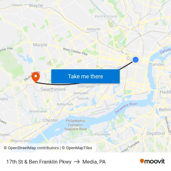 17th St & Ben Franklin Pkwy to Media, PA map