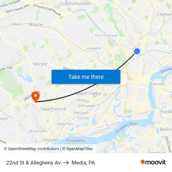 22nd St & Allegheny Av to Media, PA map
