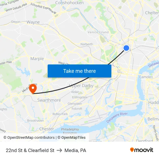 22nd St & Clearfield St to Media, PA map