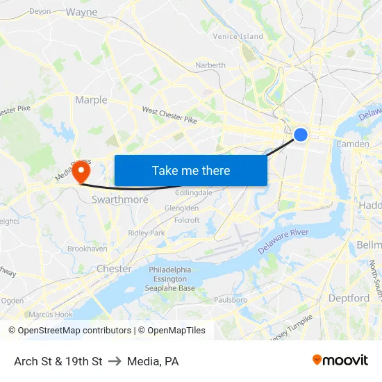 Arch St & 19th St to Media, PA map