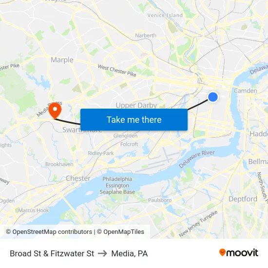 Broad St & Fitzwater St to Media, PA map