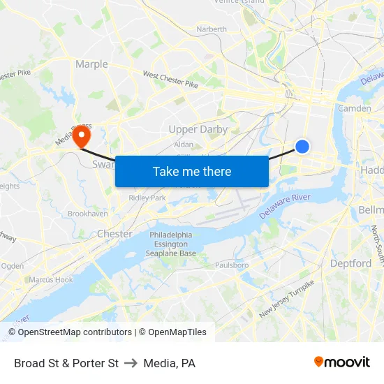 Broad St & Porter St to Media, PA map