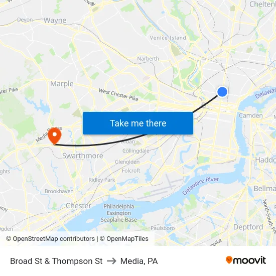 Broad St & Thompson St to Media, PA map