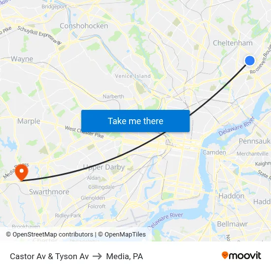 Castor Av & Tyson Av to Media, PA map