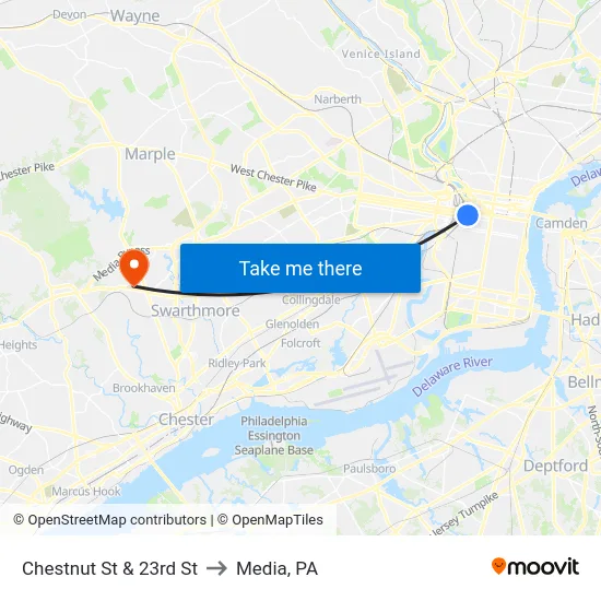 Chestnut St & 23rd St to Media, PA map