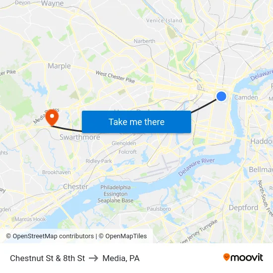 Chestnut St & 8th St to Media, PA map