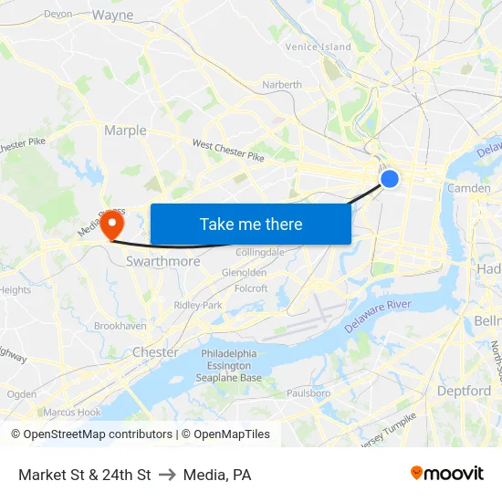 Market St & 24th St to Media, PA map