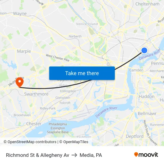 Richmond St & Allegheny Av to Media, PA map