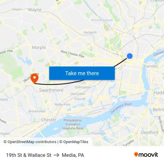 19th St & Wallace St to Media, PA map