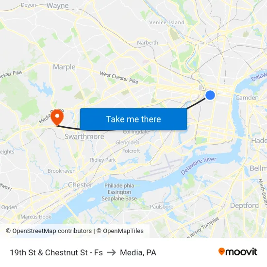 19th St & Chestnut St - Fs to Media, PA map
