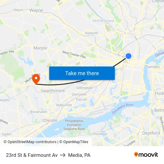 23rd St & Fairmount Av to Media, PA map