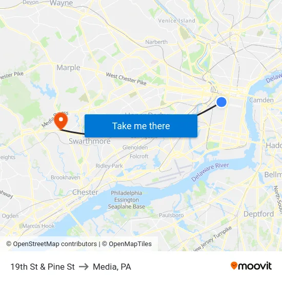 19th St & Pine St to Media, PA map