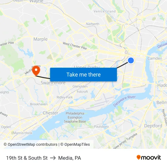 19th St & South St to Media, PA map