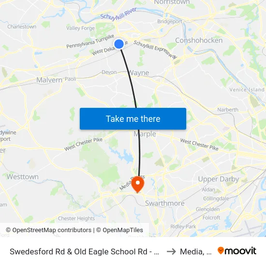 Swedesford Rd & Old Eagle School Rd - Mbns to Media, PA map