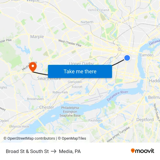 Broad St & South St to Media, PA map