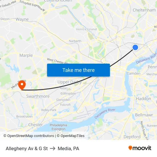 Allegheny Av & G St to Media, PA map