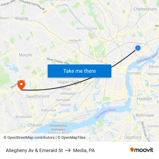 Allegheny Av & Emerald St to Media, PA map