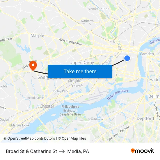 Broad St & Catharine St to Media, PA map