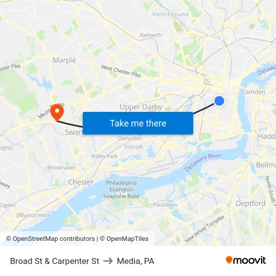Broad St & Carpenter St to Media, PA map