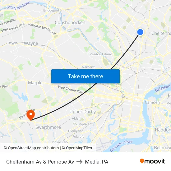 Cheltenham Av & Penrose Av to Media, PA map