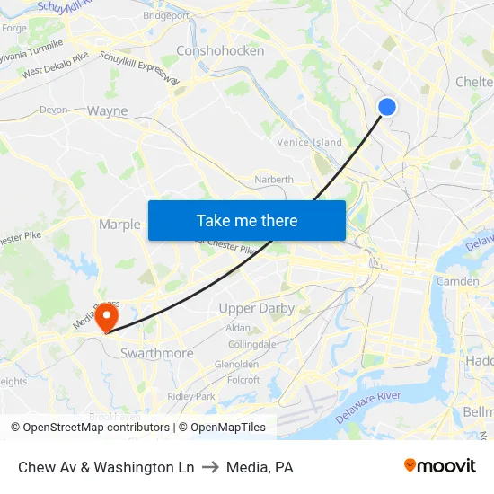 Chew Av & Washington Ln to Media, PA map