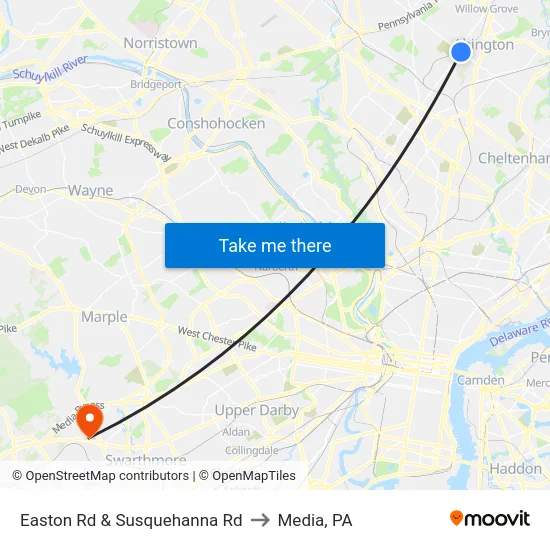 Easton Rd & Susquehanna Rd to Media, PA map