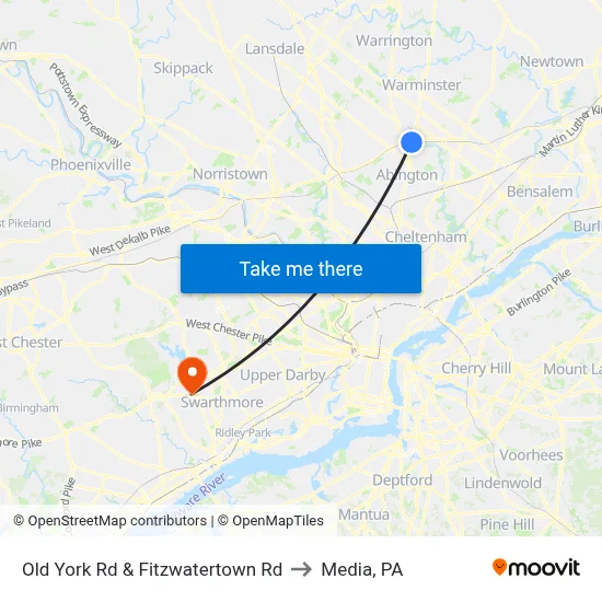 Old York Rd & Fitzwatertown Rd to Media, PA map