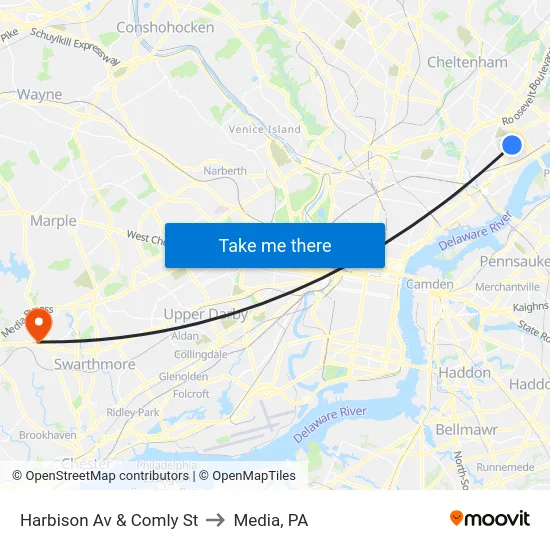Harbison Av & Comly St to Media, PA map