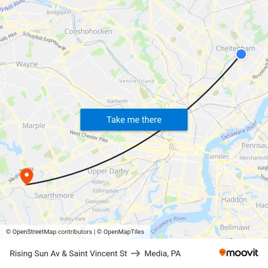 Rising Sun Av & Saint Vincent St to Media, PA map