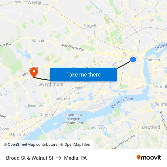 Broad St & Walnut St to Media, PA map