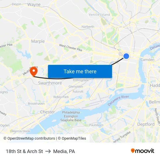 18th St & Arch St to Media, PA map
