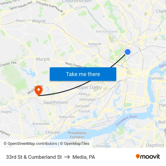33rd St & Cumberland St to Media, PA map
