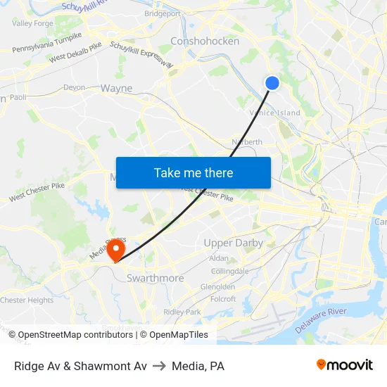 Ridge Av & Shawmont Av to Media, PA map