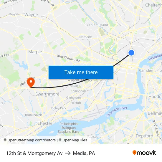 12th St & Montgomery Av to Media, PA map