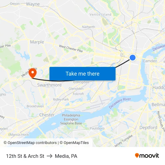 12th St & Arch St to Media, PA map