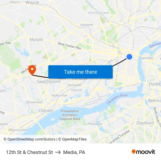 12th St & Chestnut St to Media, PA map