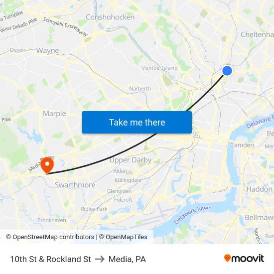 10th St & Rockland St to Media, PA map